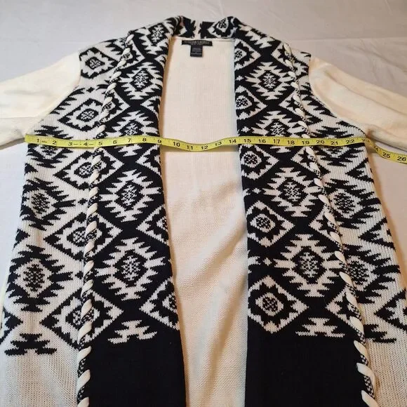 Sabrina Lauren White Black Aztec Print Knit Open Front Cardigan Boho Hippie Sz L - Picture 4 of 9